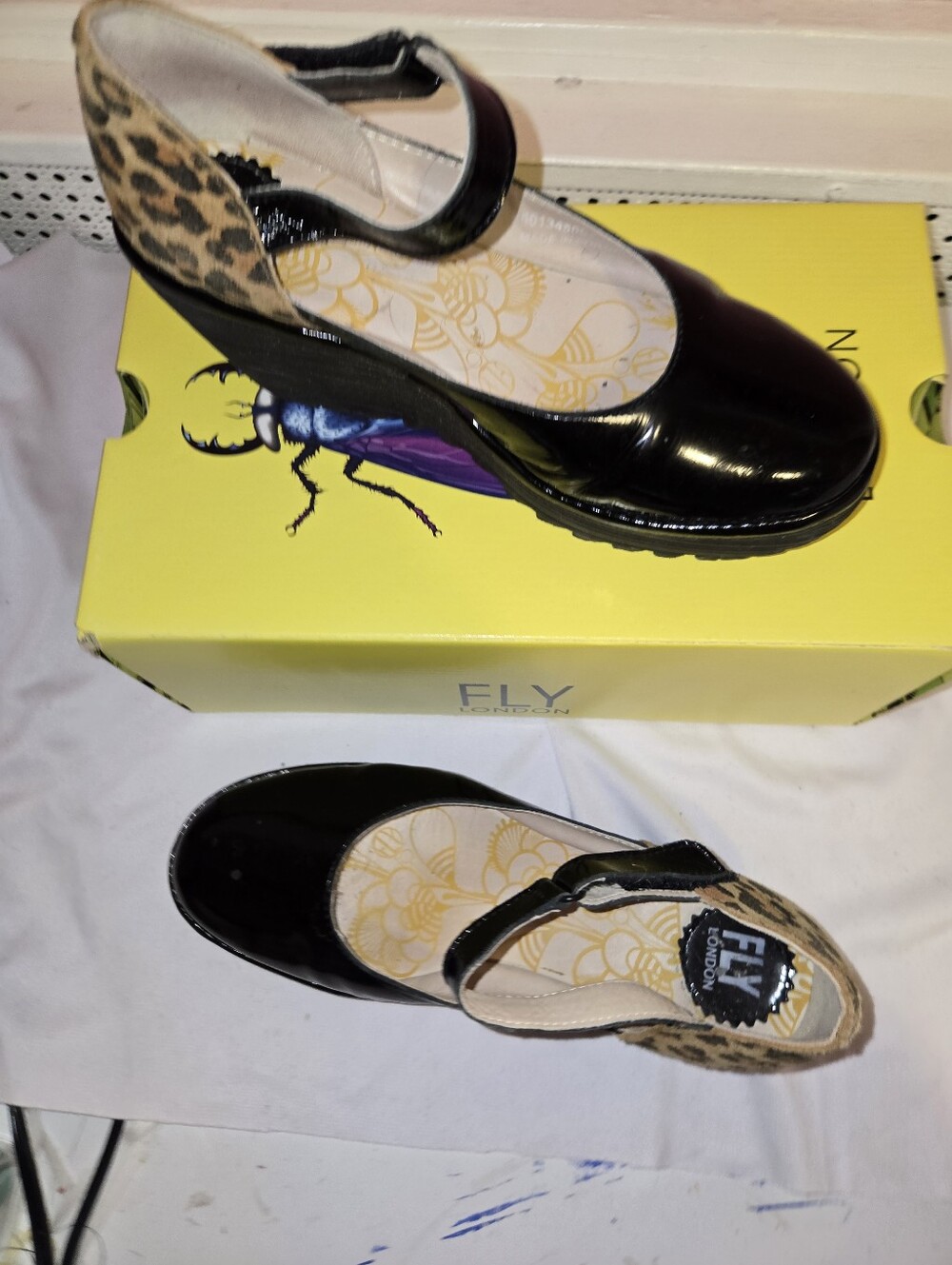 Fly London Black Patent Wedge Mary Jane with Leopard Back - Picture 3 of 6